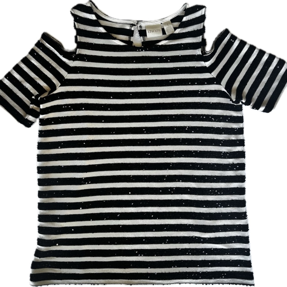 Chico’s Striped Cold-Shoulder Sequin Top